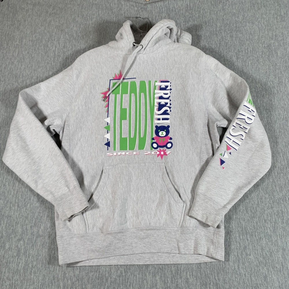 Teddy Fresh‎ Hoodie Mens Small Gray Retro Logo Bear Graphic Pullover Sweatshirt
